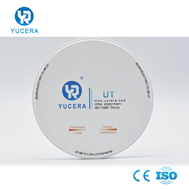 Dental CAD/CAM Zirconia Disc - 49% Light Transmission, 98mm, UT White Shade for Natural-Looking Crowns